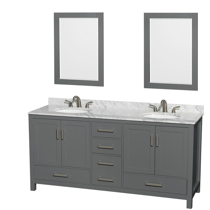 Wyndham Collection Vanity Wyndham Collection WCS141472DKGCMUNOM24 Sheffield 72 Inch Double Bathroom Vanity in Dark Gray, White Carrara Marble Countertop, Undermount Oval Sinks, and 24 Inch Mirrors
