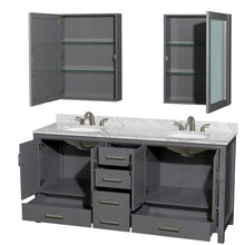 Load image into Gallery viewer, Wyndham Collection Vanity Wyndham Collection WCS141472DKGCMUNOMED Sheffield 72 Inch Double Bathroom Vanity in Dark Gray, White Carrara Marble Countertop, Undermount Oval Sinks, and Medicine Cabinets