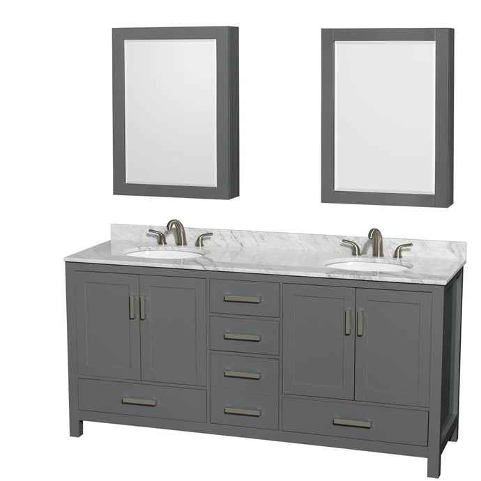 Wyndham Collection Vanity Wyndham Collection WCS141472DKGCMUNOMED Sheffield 72 Inch Double Bathroom Vanity in Dark Gray, White Carrara Marble Countertop, Undermount Oval Sinks, and Medicine Cabinets