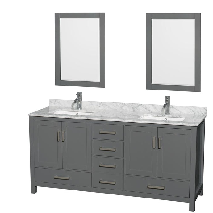Wyndham Collection Vanity Wyndham Collection WCS141472DKGCMUNSM24 Sheffield 72 Inch Double Bathroom Vanity in Dark Gray, White Carrara Marble Countertop, Undermount Square Sinks, and 24 Inch Mirrors