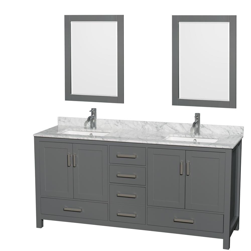 Wyndham Collection Vanity Wyndham Collection WCS141472DKGCMUNSM24 Sheffield 72 Inch Double Bathroom Vanity in Dark Gray, White Carrara Marble Countertop, Undermount Square Sinks, and 24 Inch Mirrors