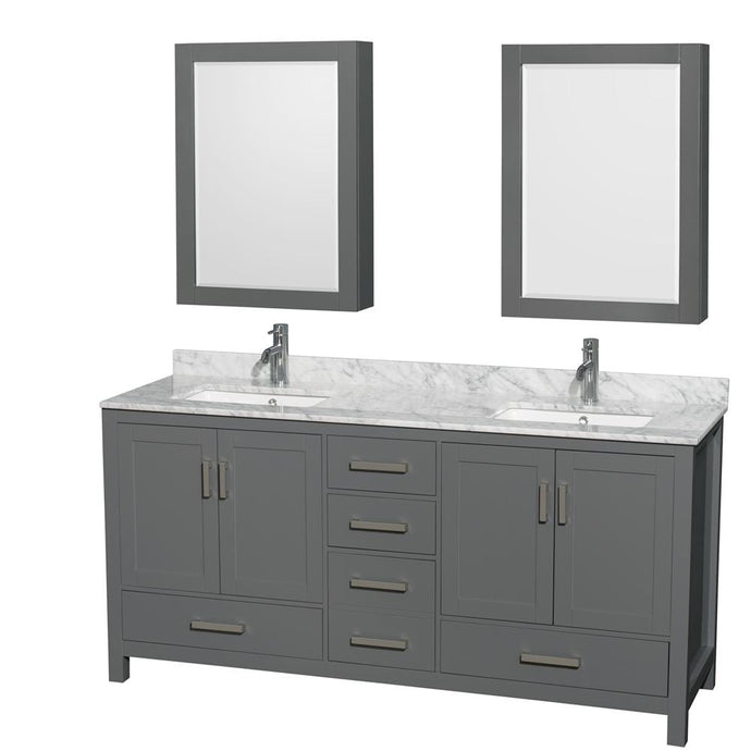 Wyndham Collection Vanity Wyndham Collection WCS141472DKGCMUNSMED Sheffield 72 Inch Double Bathroom Vanity in Dark Gray, White Carrara Marble Countertop, Undermount Square Sinks, and Medicine Cabinets
