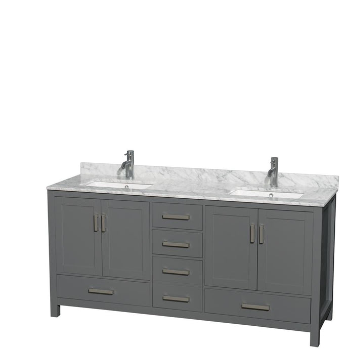 Wyndham Collection Vanity Wyndham Collection WCS141472DKGCMUNSMXX Sheffield 72 Inch Double Bathroom Vanity in Dark Gray, White Carrara Marble Countertop, Undermount Square Sinks, and No Mirror