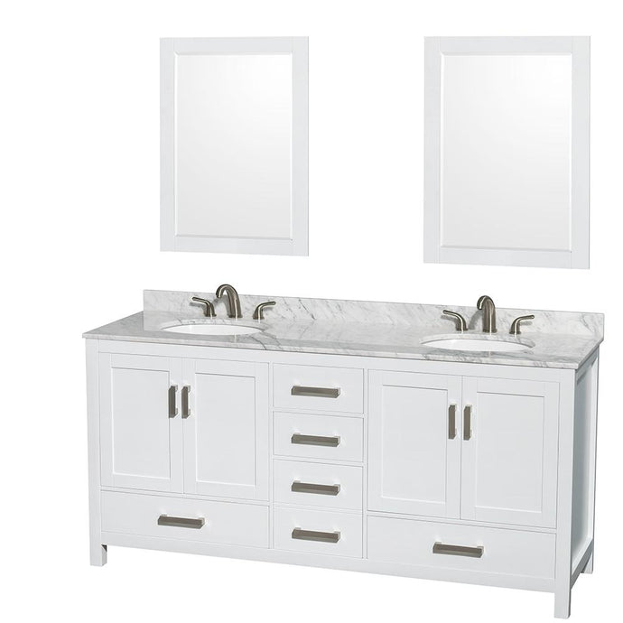 Wyndham Collection Vanity Wyndham Collection WCS141472DWHCMUNOM24 Sheffield 72 Inch Double Bathroom Vanity in White, White Carrara Marble Countertop, Undermount Oval Sinks, and 24 Inch Mirrors
