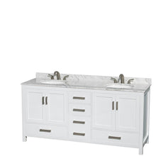 Load image into Gallery viewer, Wyndham Collection Vanity Wyndham Collection WCS141472DWHCMUNOM70 Sheffield 72 Inch Double Bathroom Vanity in White, White Carrara Marble Countertop, Undermount Oval Sinks, and 70 Inch Mirror