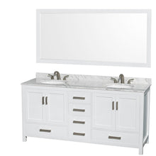 Load image into Gallery viewer, Wyndham Collection Vanity Wyndham Collection WCS141472DWHCMUNOM70 Sheffield 72 Inch Double Bathroom Vanity in White, White Carrara Marble Countertop, Undermount Oval Sinks, and 70 Inch Mirror