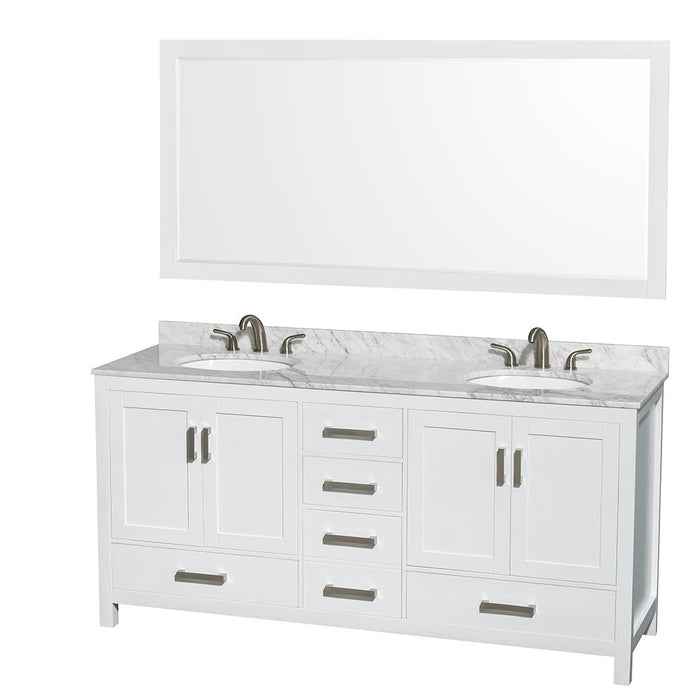 Wyndham Collection Vanity Wyndham Collection WCS141472DWHCMUNOM70 Sheffield 72 Inch Double Bathroom Vanity in White, White Carrara Marble Countertop, Undermount Oval Sinks, and 70 Inch Mirror