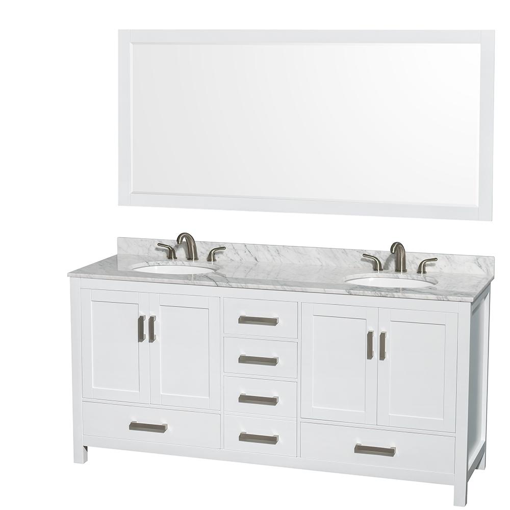 Wyndham Collection Vanity Wyndham Collection WCS141472DWHCMUNOM70 Sheffield 72 Inch Double Bathroom Vanity in White, White Carrara Marble Countertop, Undermount Oval Sinks, and 70 Inch Mirror