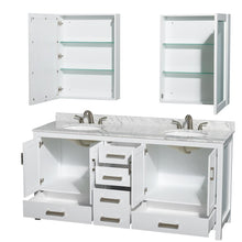 Load image into Gallery viewer, Wyndham Collection Vanity Wyndham Collection WCS141472DWHCMUNOMED Sheffield 72 Inch Double Bathroom Vanity in White, White Carrara Marble Countertop, Undermount Oval Sinks, and Medicine Cabinets