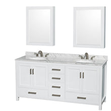 Load image into Gallery viewer, Wyndham Collection Vanity Wyndham Collection WCS141472DWHCMUNOMED Sheffield 72 Inch Double Bathroom Vanity in White, White Carrara Marble Countertop, Undermount Oval Sinks, and Medicine Cabinets