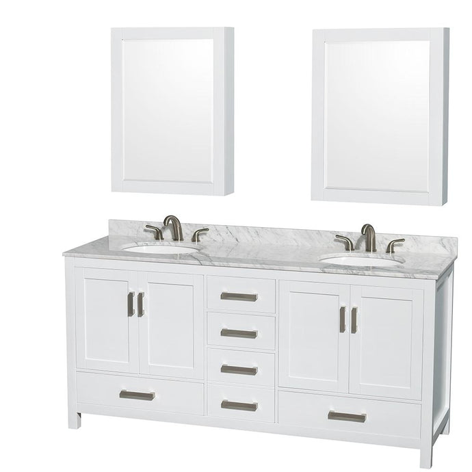 Wyndham Collection Vanity Wyndham Collection WCS141472DWHCMUNOMED Sheffield 72 Inch Double Bathroom Vanity in White, White Carrara Marble Countertop, Undermount Oval Sinks, and Medicine Cabinets