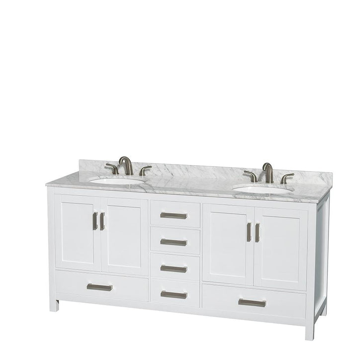 Wyndham Collection Vanity Wyndham Collection WCS141472DWHCMUNOMXX Sheffield 72 Inch Double Bathroom Vanity in White, White Carrara Marble Countertop, Undermount Oval Sinks, and No Mirror