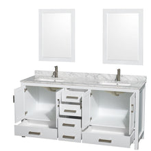 Load image into Gallery viewer, Wyndham Collection Vanity Wyndham Collection WCS141472DWHCMUNSM24 Sheffield 72 Inch Double Bathroom Vanity in White, White Carrara Marble Countertop, Undermount Square Sinks, and 24 Inch Mirrors
