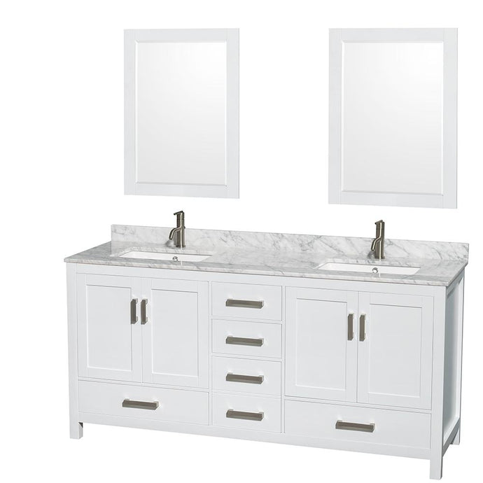 Wyndham Collection Vanity Wyndham Collection WCS141472DWHCMUNSM24 Sheffield 72 Inch Double Bathroom Vanity in White, White Carrara Marble Countertop, Undermount Square Sinks, and 24 Inch Mirrors