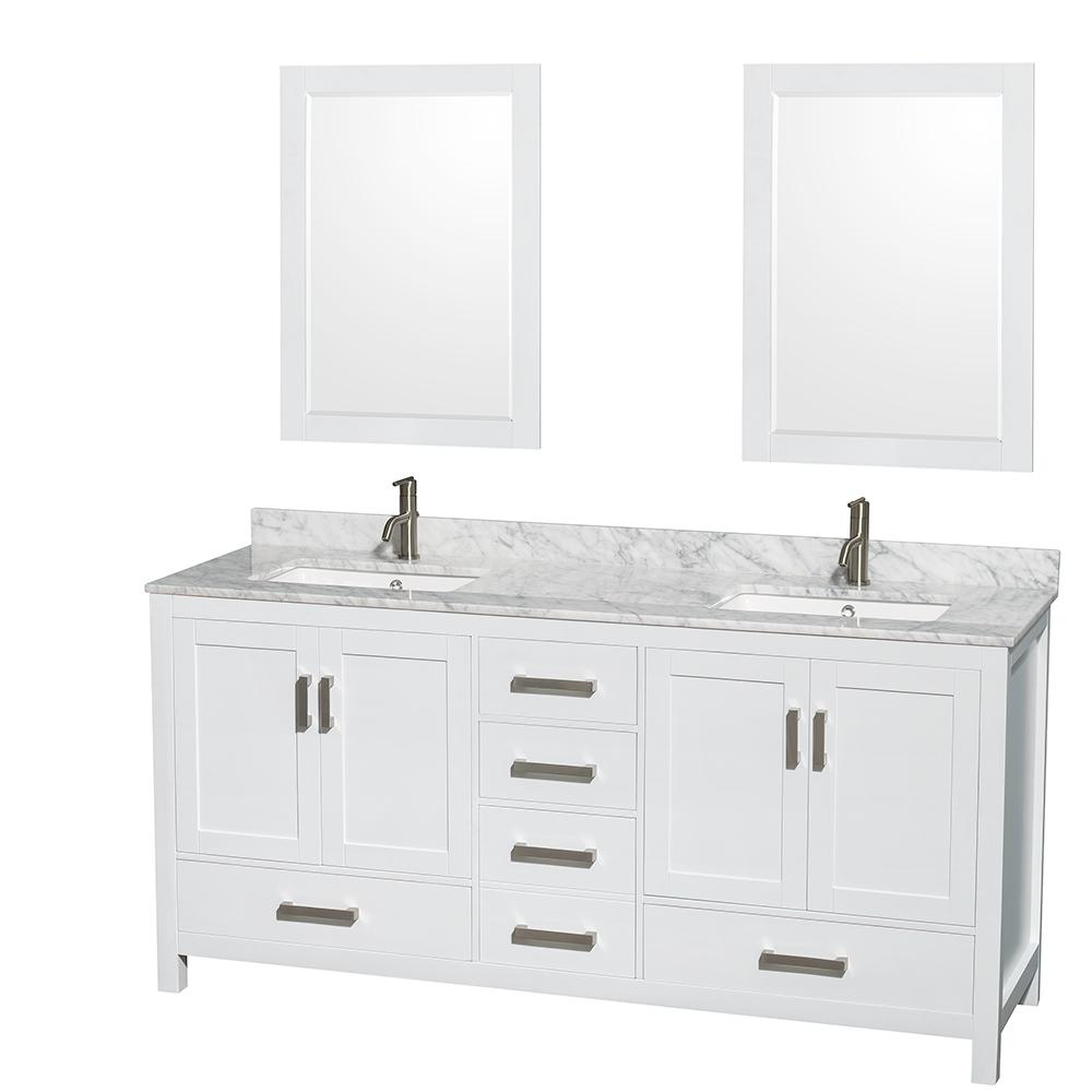 Wyndham Collection Vanity Wyndham Collection WCS141472DWHCMUNSM24 Sheffield 72 Inch Double Bathroom Vanity in White, White Carrara Marble Countertop, Undermount Square Sinks, and 24 Inch Mirrors