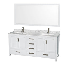 Load image into Gallery viewer, Wyndham Collection Vanity Wyndham Collection WCS141472DWHCMUNSM70 Sheffield 72 Inch Double Bathroom Vanity in White, White Carrara Marble Countertop, Undermount Square Sinks, and 70 Inch Mirror