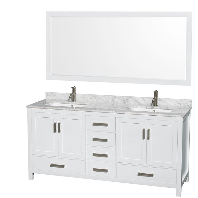 Wyndham Collection Vanity Wyndham Collection WCS141472DWHCMUNSM70 Sheffield 72 Inch Double Bathroom Vanity in White, White Carrara Marble Countertop, Undermount Square Sinks, and 70 Inch Mirror