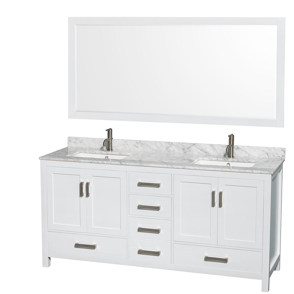 Wyndham Collection Vanity Wyndham Collection WCS141472DWHCMUNSM70 Sheffield 72 Inch Double Bathroom Vanity in White, White Carrara Marble Countertop, Undermount Square Sinks, and 70 Inch Mirror