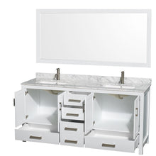Load image into Gallery viewer, Wyndham Collection Vanity Wyndham Collection WCS141472DWHCMUNSM70 Sheffield 72 Inch Double Bathroom Vanity in White, White Carrara Marble Countertop, Undermount Square Sinks, and 70 Inch Mirror