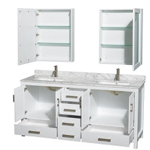 Load image into Gallery viewer, Wyndham Collection Vanity Wyndham Collection WCS141472DWHCMUNSMED Sheffield 72 Inch Double Bathroom Vanity in White, White Carrara Marble Countertop, Undermount Square Sinks, and Medicine Cabinets