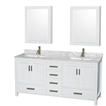 Load image into Gallery viewer, Wyndham Collection Vanity Wyndham Collection WCS141472DWHCMUNSMED Sheffield 72 Inch Double Bathroom Vanity in White, White Carrara Marble Countertop, Undermount Square Sinks, and Medicine Cabinets