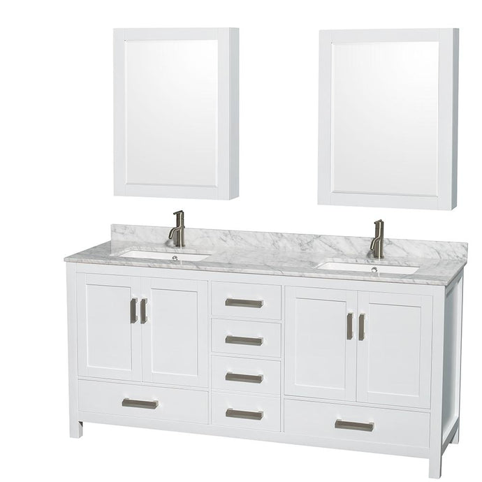 Wyndham Collection Vanity Wyndham Collection WCS141472DWHCMUNSMED Sheffield 72 Inch Double Bathroom Vanity in White, White Carrara Marble Countertop, Undermount Square Sinks, and Medicine Cabinets