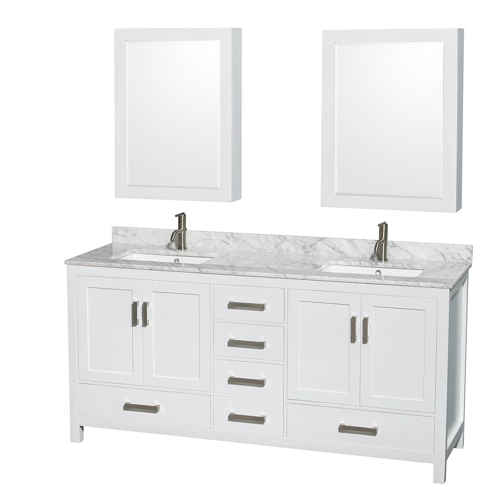 Wyndham Collection Vanity Wyndham Collection WCS141472DWHCMUNSMED Sheffield 72 Inch Double Bathroom Vanity in White, White Carrara Marble Countertop, Undermount Square Sinks, and Medicine Cabinets