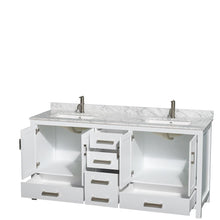 Load image into Gallery viewer, Wyndham Collection Vanity Wyndham Collection WCS141472DWHCMUNSMXX Sheffield 72 Inch Double Bathroom Vanity in White, White Carrara Marble Countertop, Undermount Square Sinks, and No Mirror