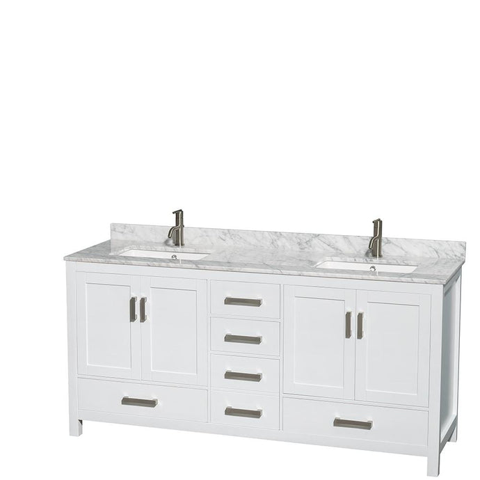 Wyndham Collection Vanity Wyndham Collection WCS141472DWHCMUNSMXX Sheffield 72 Inch Double Bathroom Vanity in White, White Carrara Marble Countertop, Undermount Square Sinks, and No Mirror