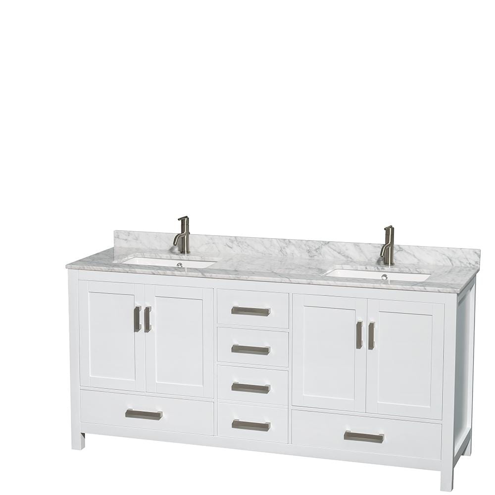 Wyndham Collection Vanity Wyndham Collection WCS141472DWHCMUNSMXX Sheffield 72 Inch Double Bathroom Vanity in White, White Carrara Marble Countertop, Undermount Square Sinks, and No Mirror