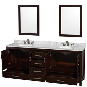 Wyndham Collection Vanity Wyndham Collection WCS141480DESCMUNOM24 Sheffield 80 Inch Double Bathroom Vanity in Espresso, White Carrara Marble Countertop, Undermount Oval Sinks, and 24 Inch Mirrors