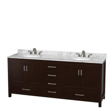 Load image into Gallery viewer, Wyndham Collection Vanity Wyndham Collection WCS141480DESCMUNOMXX Sheffield 80 Inch Double Bathroom Vanity in Espresso, White Carrara Marble Countertop, Undermount Oval Sinks, and No Mirror