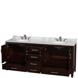 Wyndham Collection Vanity Wyndham Collection WCS141480DESCMUNOMXX Sheffield 80 Inch Double Bathroom Vanity in Espresso, White Carrara Marble Countertop, Undermount Oval Sinks, and No Mirror
