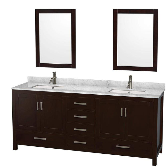 Wyndham Collection Vanity Wyndham Collection WCS141480DESCMUNSM24 Sheffield 80 Inch Double Bathroom Vanity in Espresso, White Carrara Marble Countertop, Undermount Square Sinks, and 24 Inch Mirrors