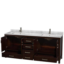 Load image into Gallery viewer, Wyndham Collection Vanity Wyndham Collection WCS141480DESCMUNSMXX Sheffield 80 Inch Double Bathroom Vanity in Espresso, White Carrara Marble Countertop, Undermount Square Sinks, and No Mirror