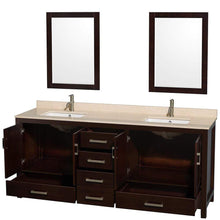 Load image into Gallery viewer, Wyndham Collection Vanity Wyndham Collection WCS141480DESIVUNSM24 Sheffield 80 Inch Double Bathroom Vanity in Espresso, Ivory Marble Countertop, Undermount Square Sinks, and 24 Inch Mirrors
