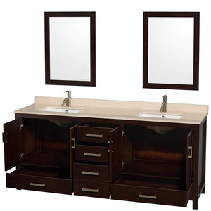 Wyndham Collection Vanity Wyndham Collection WCS141480DESIVUNSM24 Sheffield 80 Inch Double Bathroom Vanity in Espresso, Ivory Marble Countertop, Undermount Square Sinks, and 24 Inch Mirrors