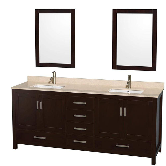 Wyndham Collection Vanity Wyndham Collection WCS141480DESIVUNSM24 Sheffield 80 Inch Double Bathroom Vanity in Espresso, Ivory Marble Countertop, Undermount Square Sinks, and 24 Inch Mirrors