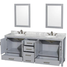 Load image into Gallery viewer, Wyndham Collection Vanity Wyndham Collection WCS141480DGYCMUNOM24 Sheffield 80 Inch Double Bathroom Vanity in Gray, White Carrara Marble Countertop, Undermount Oval Sinks, and 24 Inch Mirrors