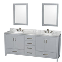 Load image into Gallery viewer, Wyndham Collection Vanity Wyndham Collection WCS141480DGYCMUNOM24 Sheffield 80 Inch Double Bathroom Vanity in Gray, White Carrara Marble Countertop, Undermount Oval Sinks, and 24 Inch Mirrors
