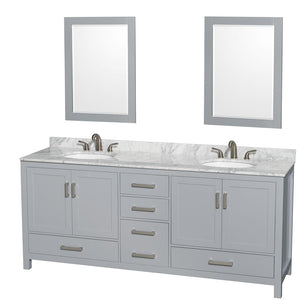 Wyndham Collection Vanity Wyndham Collection WCS141480DGYCMUNOM24 Sheffield 80 Inch Double Bathroom Vanity in Gray, White Carrara Marble Countertop, Undermount Oval Sinks, and 24 Inch Mirrors