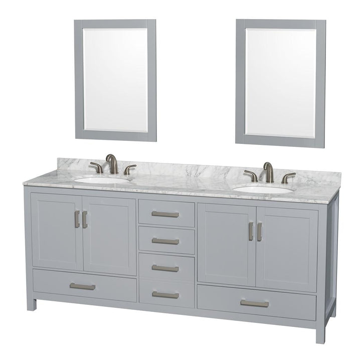 Wyndham Collection Vanity Wyndham Collection WCS141480DGYCMUNOM24 Sheffield 80 Inch Double Bathroom Vanity in Gray, White Carrara Marble Countertop, Undermount Oval Sinks, and 24 Inch Mirrors