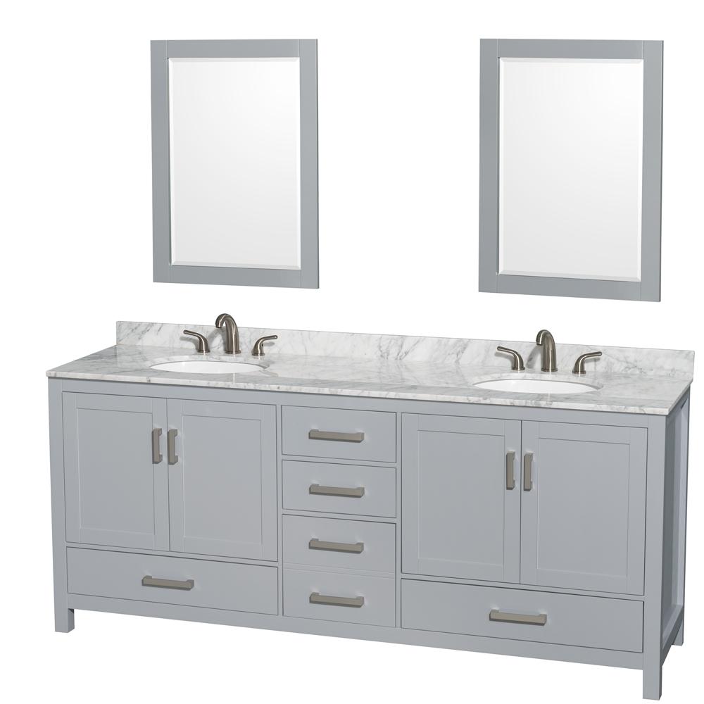 Wyndham Collection Vanity Wyndham Collection WCS141480DGYCMUNOM24 Sheffield 80 Inch Double Bathroom Vanity in Gray, White Carrara Marble Countertop, Undermount Oval Sinks, and 24 Inch Mirrors