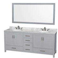 Load image into Gallery viewer, Wyndham Collection Vanity Wyndham Collection WCS141480DGYCMUNOM70 Sheffield 80 Inch Double Bathroom Vanity in Gray, White Carrara Marble Countertop, Undermount Oval Sinks, and 70 Inch Mirror