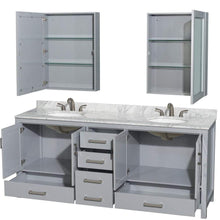 Load image into Gallery viewer, Wyndham Collection Vanity Wyndham Collection WCS141480DGYCMUNOMED Sheffield 80 Inch Double Bathroom Vanity in Gray, White Carrara Marble Countertop, Undermount Oval Sinks, and Medicine Cabinets