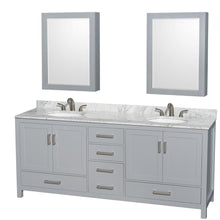 Load image into Gallery viewer, Wyndham Collection Vanity Wyndham Collection WCS141480DGYCMUNOMED Sheffield 80 Inch Double Bathroom Vanity in Gray, White Carrara Marble Countertop, Undermount Oval Sinks, and Medicine Cabinets