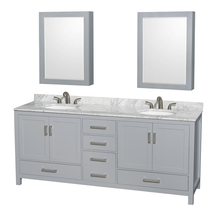 Wyndham Collection Vanity Wyndham Collection WCS141480DGYCMUNOMED Sheffield 80 Inch Double Bathroom Vanity in Gray, White Carrara Marble Countertop, Undermount Oval Sinks, and Medicine Cabinets