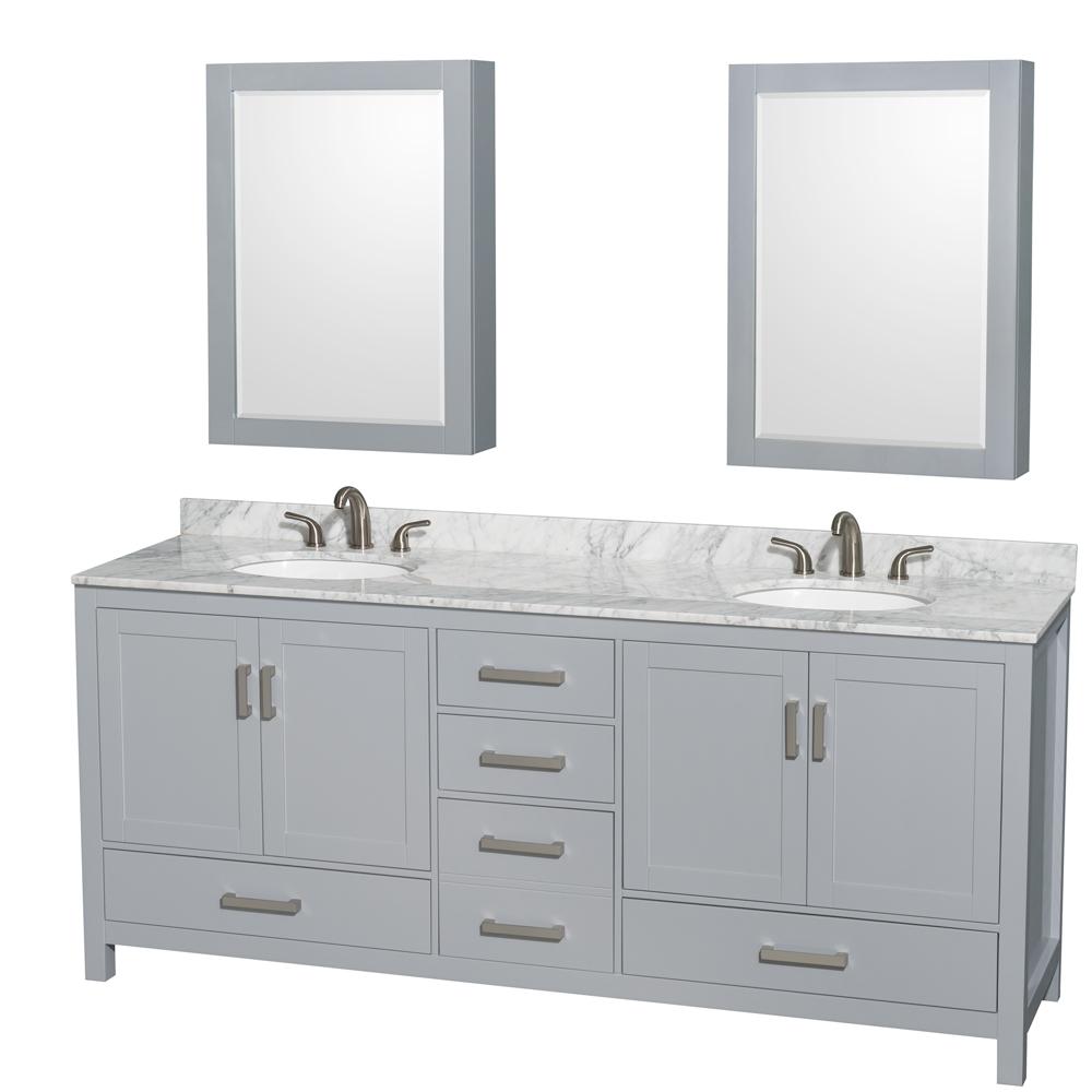 Wyndham Collection Vanity Wyndham Collection WCS141480DGYCMUNOMED Sheffield 80 Inch Double Bathroom Vanity in Gray, White Carrara Marble Countertop, Undermount Oval Sinks, and Medicine Cabinets