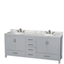 Load image into Gallery viewer, Wyndham Collection Vanity Wyndham Collection WCS141480DGYCMUNOMXX Sheffield 80 Inch Double Bathroom Vanity in Gray, White Carrara Marble Countertop, Undermount Oval Sinks, and No Mirror