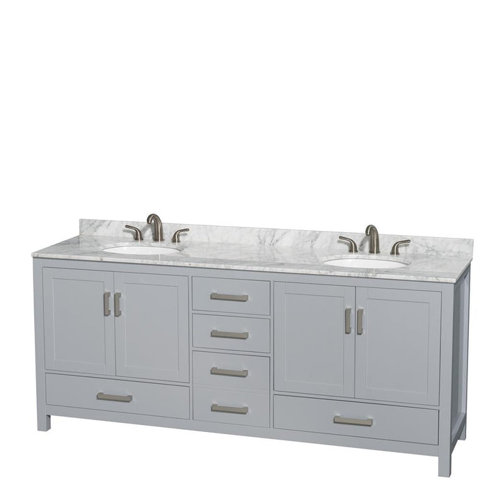 Wyndham Collection Vanity Wyndham Collection WCS141480DGYCMUNOMXX Sheffield 80 Inch Double Bathroom Vanity in Gray, White Carrara Marble Countertop, Undermount Oval Sinks, and No Mirror